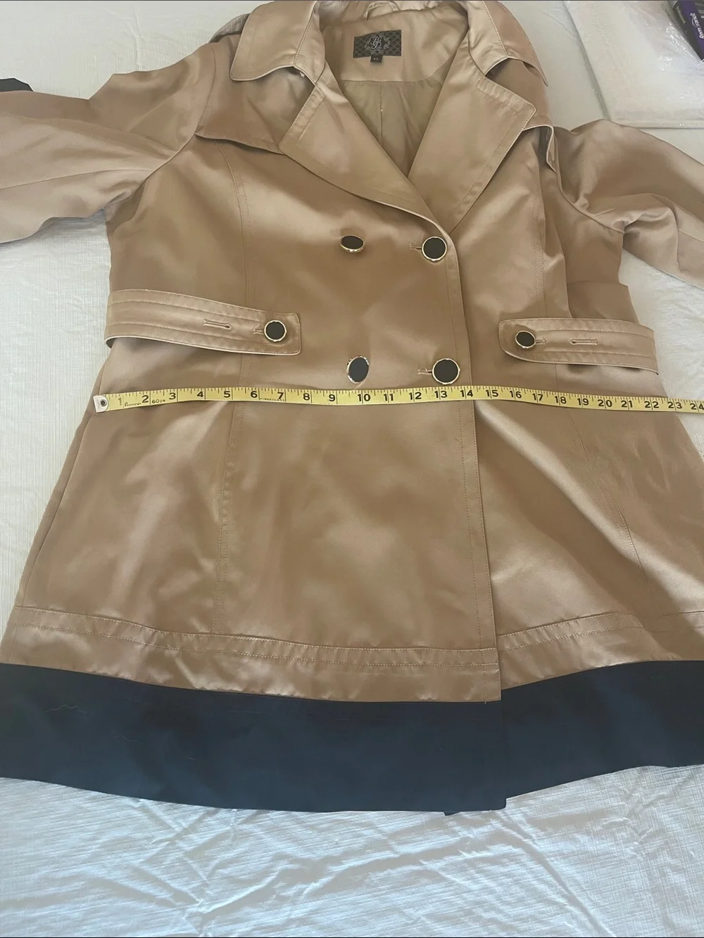 BGSD Classic Beige Trench Coat with Black Contrast Cuffs and Hood NWOT Size XL